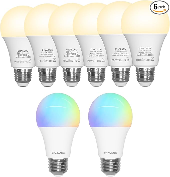 ORALUCE 丨 Bundle - Bluetooth Smart Light Bulb A19 E26 (Pack of 2) & LED Bulb A19 (Pack of 6)