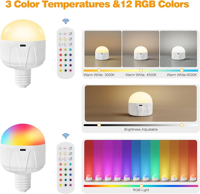 Rechargeable Light Bulbs with Remote, 2000mAh Magnetic Battery Powered E26 LED Bulb with Timer for Lamps/Sconces/Outdoor Camping, 3 Color Temperatures & 12 RGB Colors, Non-Hardwired, 4 Pack