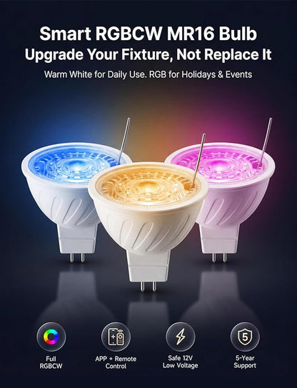 Gardenreet RGBCW MR16 LED Bulb, 12V Low Voltage Dimmable Halogen Replacement for Outdoor Pathway & Indoor Accent Lights, Color Changing & Warm White, GU5.3 Bi-Pin, Bluetooth Mesh 65ft, 2 Pack