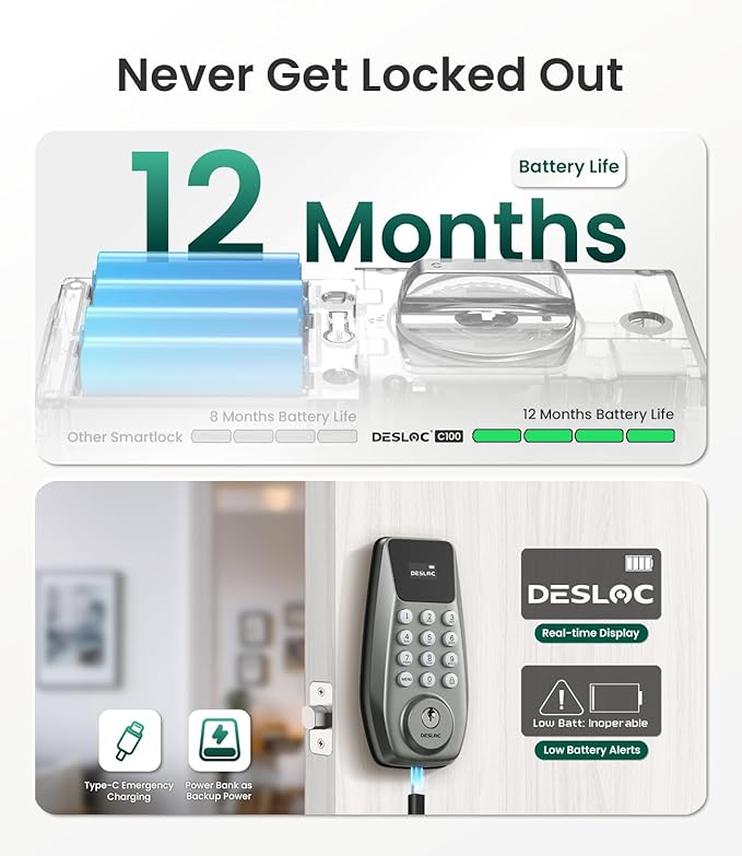 DESLOC C100 Keyless Entry Door Lock with Visual Display, 100 Customizable User Codes and 4 One-Pass code, door locks for front door with 2 Keys,12 Months Battery, IP54, BHMA Grade 3, Auto Lock, Nickel