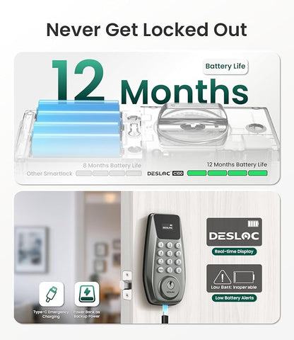 DESLOC C100 Keyless Entry Door Lock with Visual Display, 100 Customizable User Codes and 4 One-Pass code, door locks for front door with 2 Keys,12 Months Battery, IP54, BHMA Grade 3, Auto Lock, Nickel