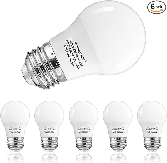 MorningLight A15 LED Ceiling Fan Light Bulb, E26 LED Bulb 6.5W Equivalent 60 Watt Dimmable Light Bulbs, 2700K Warm White, 6 Pack A15 Light Bulbs 60 Watt for Pendant, Hallway Fixtures,120V, 600LM