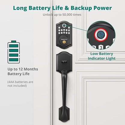 AkaGear DS10 Keyless Entry Door Locks - Keypad Lock with Handle Set, Fingerprint Deadbolt, Smart Locks for Front Doors, Auto-Lock & One Touch Locking, 2 Keys, Easy Installation - Matte Black