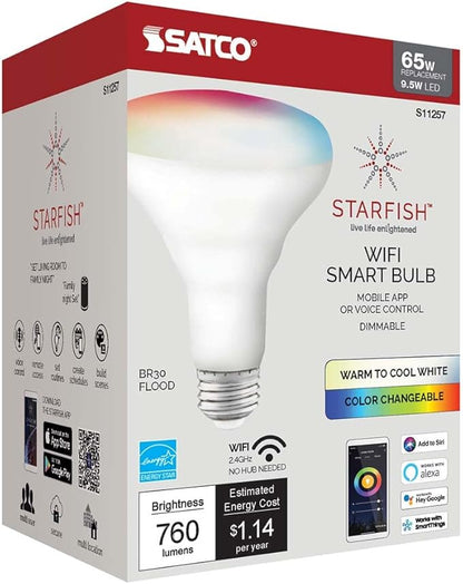 Satco S11257 Starfish 9.5W BR30 WiFi Smart LED Light Bulb, Tunable White and Color Changeable, Voice and App Control, 2700K-5000K, White
