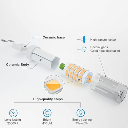 DiCUNO G9 LED Light Bulb 4W, 40W Halogen Replacement, Warm White 3000K, 450 Lumen, G9 Bi-Pin Ceramic Base Bulb, 120V, Non-dimmable, for Chandelier Lighting, Pendant Light, 6-Pack