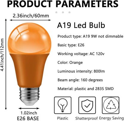 haraqi 2 Pack 9W (60W Equivalent) 120V E26 Base A19 LED Colored Light Bulb, Orange LED Lights for Party Christmas Decor and Halloween Lighting