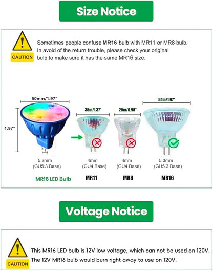 RGBW Color Changing MR16 LED Bulbs, CCT Tunable 2700K to 6500K, Dimmable with Remote Control, Memory Function, GU5.3 Bi-pin Base Light Bulbs for 12V Low Voltage Landscape Lighting 6-Pack