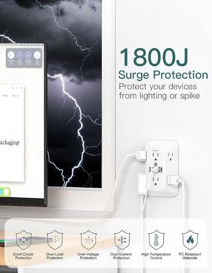 Addtam 6-Outlet Extender Surge Protector, Multi Plug Wall Outlet with 4 USB Wall Charger(PD 30W), Plug Extension Outlet with 1800J, Outlet Splitter Power Strip for Home Office, White