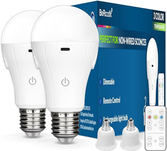 CordlessGlow 15W E12 Rechargeable Light Bulbs with Remote, 3 Color Temperatures and Dimmable Battery Light Bulb, Touch Control + 4 Timing + USB Rechargeable Battery Powered Light Bulb, 2Pack