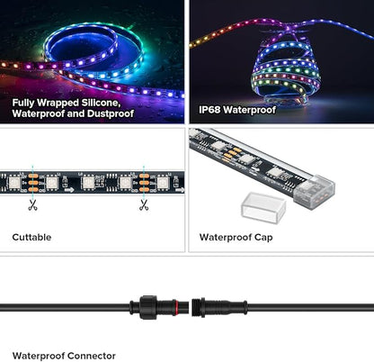 BTF-LIGHTING WS2811 Addressable RGB LED Strip 16.4FT 300LED DC12V IP68 | Waterproof 100Pixels IC=RGB+IC UL Listed Black PCB Chasing Effect for outdoor Decor(No Adapter or Controller)