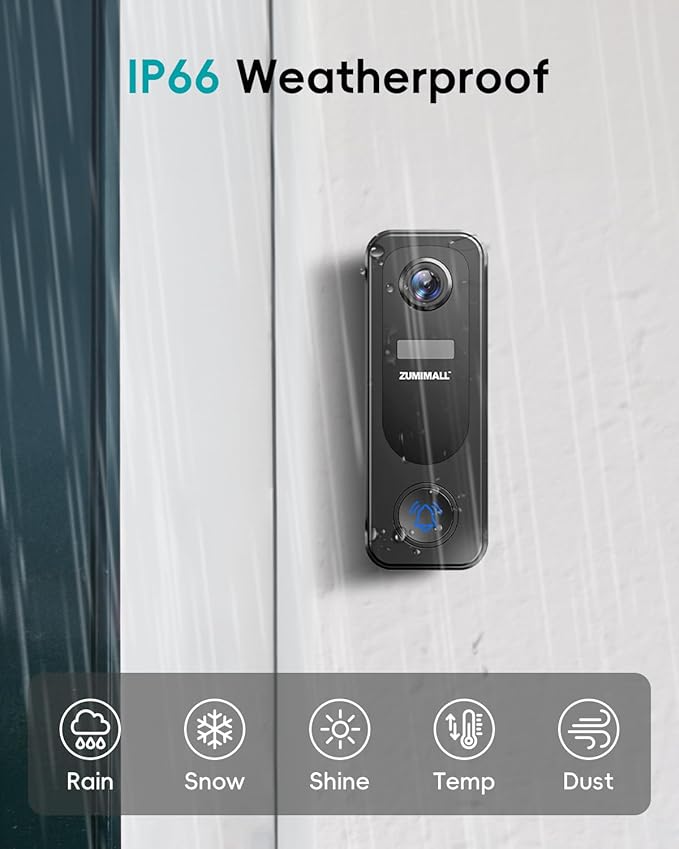ZUMIMALL Doorbell Camera Wireless No Subscription - 2K Video Doorbell with Chime, 2 Way Audio, Anti-Theft, PIR Human/AI Detection, Local/Cloud Storage, 2.4GHz WiFi, Battery Powered, Work with Alexa