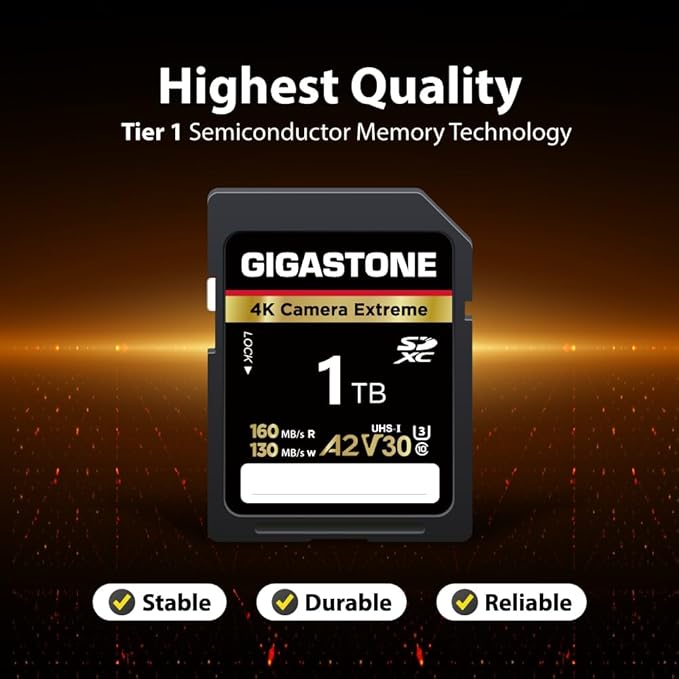 【5-Years Data Recovery】 GIGASTONE 1TB SD Card, 4K Camera Extreme, A2 V30 U3 C10 SDXC Memory Card High Speed, Compatible with Canon Kodak Olympus Digital Camera