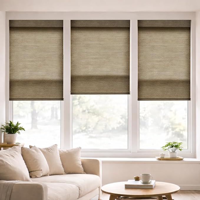 ZSHINE Motorized Linen-Look Roller Shades for Windows, Rechargeable Smart Light Filtering Blinds Compatible with Alexa (82189D)