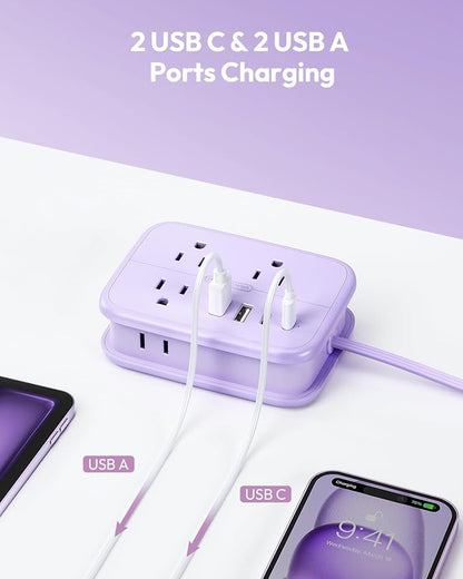 NTONPOWER Purple Travel Power Strip, 6 Outlets 4 USB Ports(2 USB C), 4ft Purple Extension Cord Wrapped Around Small Power Strip, Compact for Travel, Hotel, Cruise Approved