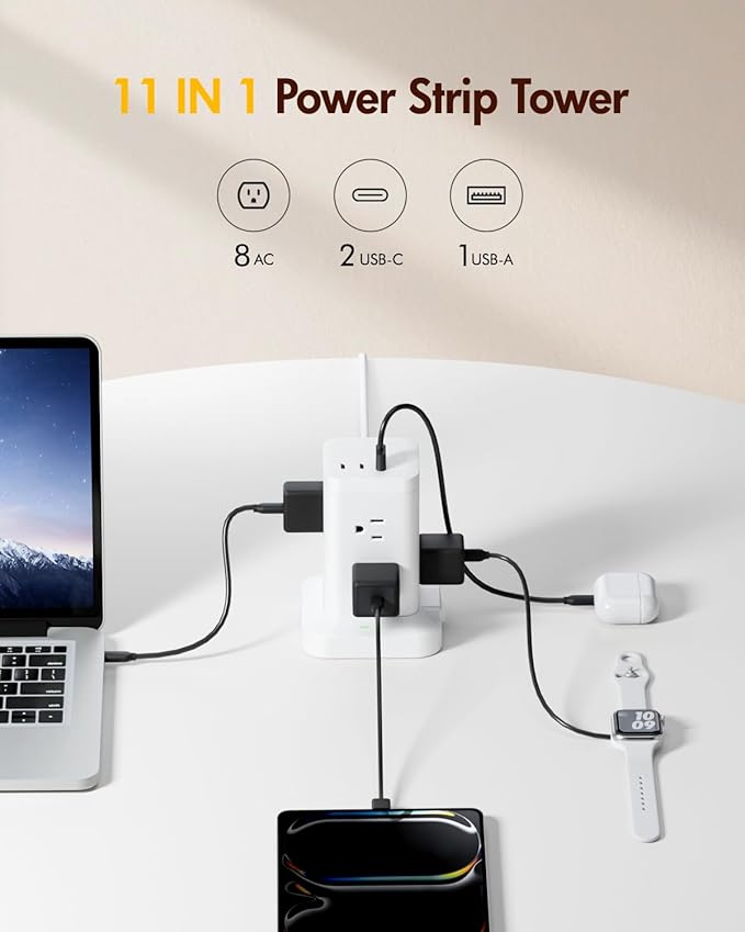 Power Strip Tower with Surge Protector 1800J, Fast Charging Tower PD20W USB-C Ports with 8 AC Outlets, 10ft Extension Cord for Home Office Dorm Room, White