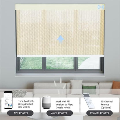 Motorized Solar Shades, Light Filtering Smart Blinds for Windows Automatic Blinds Compatible with Alexa, Falme Resistant Roller Shades Customized for Office Living Room (3% Openness Beige)