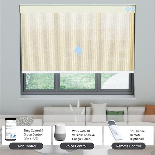 Motorized Solar Shades, Light Filtering Smart Blinds for Windows Automatic Blinds Compatible with Alexa, Falme Resistant Roller Shades Customized for Office Living Room (3% Openness Beige)