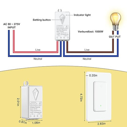 NineLeaf Wireless Light Switch and Receiver Kit,1300FT RF Range,No Wiring,No Interference,Programmable & Expandable Remote Control Wall Switch for Ceiling Light, Fans, Lamps