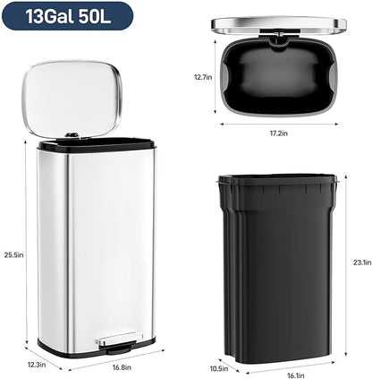 Arlopu 13.2 Gallon Step Trash Can, Stainless Steel Garbage Bin, Soft-Close Rubbish Bin with Removable Plastic Inner Bucket, Fingerprint-Proof, Lid Dustbin, Suit for Kitchen Home (Silver, 50L)