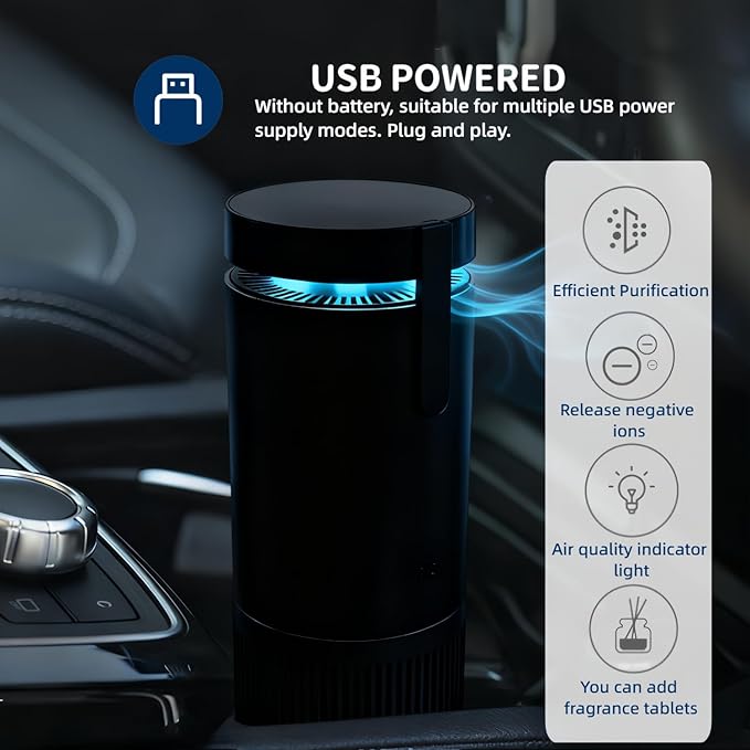 Aluminum alloy Portable Air Purifier for Car and Home, Black, DC 5V, 15 CFM Airflow, Negative Ion Purification, 3-Speed Adjustment, Quiet Operation ≤53dB,7.09in*2.6in*2.6in