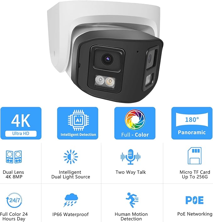 4K 8MP Dual Lens PoE IP Security Camera with 180° Ultra Wide Viewing Angle, 2 Way Talk, Human Detection, SD Card Slot(256GB), Full Color/IR2.0 Night Vision, Compatible with Third-Party NVR or Software