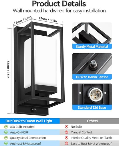 RAYVO Modern Outdoor Wall Light with Dusk to Dawn Sensor, Waterproof Exterior Lighting Fixtures with E26 Base, 3000K LED Bulb Included, Black Outdoor Sconce Lights for Porch Garage Entryway, 2 Pack