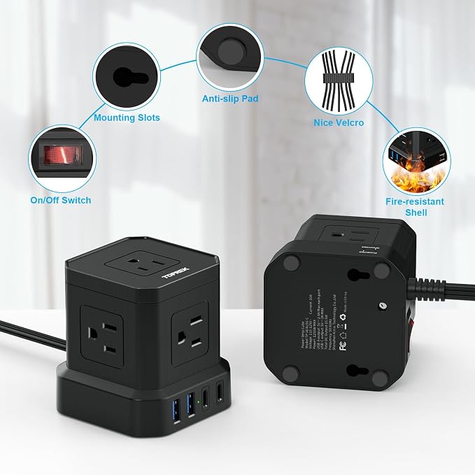 Power Strip Surge Protector (700J), 10 FT Flat Extension Cord with 5 Outlets, 2 USB-C & 2 USB-A, Power Strip with USB for Home, Office, Dorm, Hotel, Travel, Compact Desk Charging Station