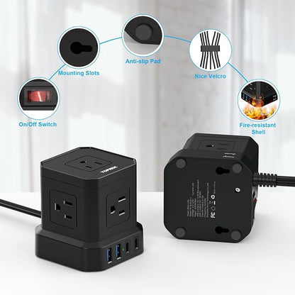 Power Strip Surge Protector (700J), 10 FT Flat Extension Cord with 5 Outlets, 2 USB-C & 2 USB-A, Power Strip with USB for Home, Office, Dorm, Hotel, Travel, Compact Desk Charging Station