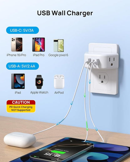 TROND Outlet Extender with USB, 2 AC Sockets and 3 USB Ports | 3-Side Design Wall Plug Adapter, Cruise Essentials, Plug Extension Outlet for Travel Home Office, White