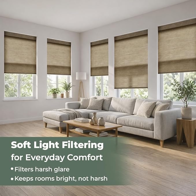 ZSHINE Motorized Linen-Look Roller Shades for Windows, Rechargeable Smart Light Filtering Blinds Compatible with Alexa (82189D)