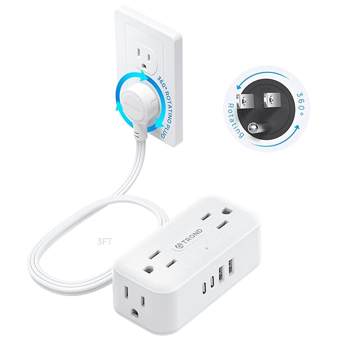 TROND 360° Rotating Flat Plug Power Strip, 3FT Extension Cord with 4 USB Ports, 4 Wide Spaced AC Outlets, Wall Mount, 900J Surge Protector for Office Travel Dorm Room Essentials, White