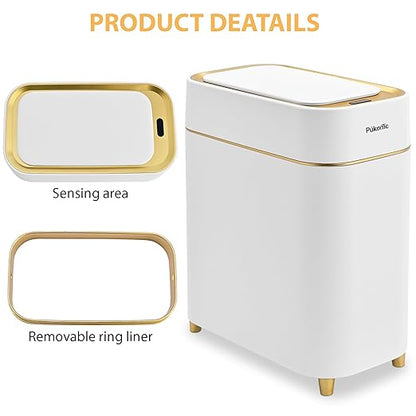 Pukomc Automatic Small Sensor Trash Can with Touchless Lid, 2.3 Gallon / 9L Smart Garbage Can, Quiet Close White Gold Waste Bin - Perfect for Kitchen, Living Room & Small Spaces