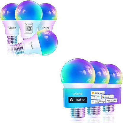 Linkind Matter Smart Light Bulbs 4 Pack Bundle with 3 Pack, Work with Apple Home, Siri, Alexa, Google Home, SmartThings