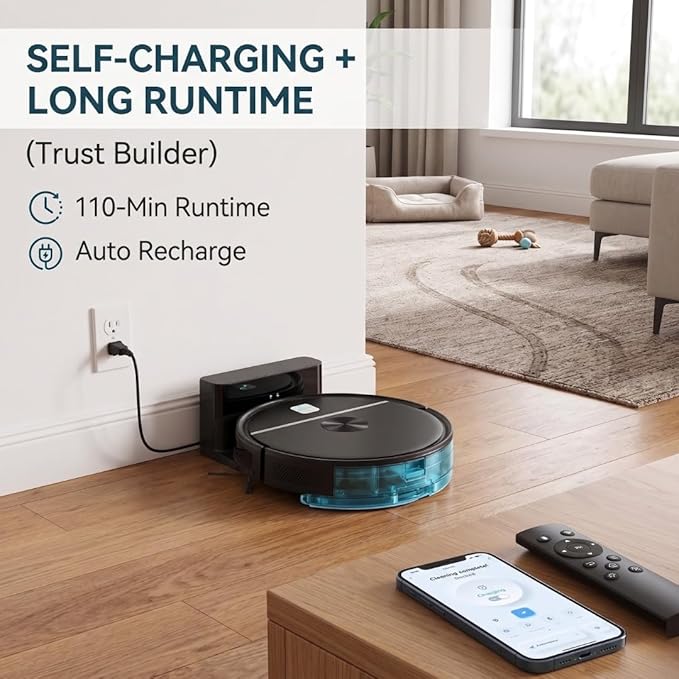 Smart Robot Vacuum Cleaner & Mop, 5000Pa Suction Auto Sweep & Mop, Carpet Boost, Edge & Spot Cleaning | App, Remote & Button Control Auto Recharge, 110 Min Runtime for Hard Floors & Pet Hair