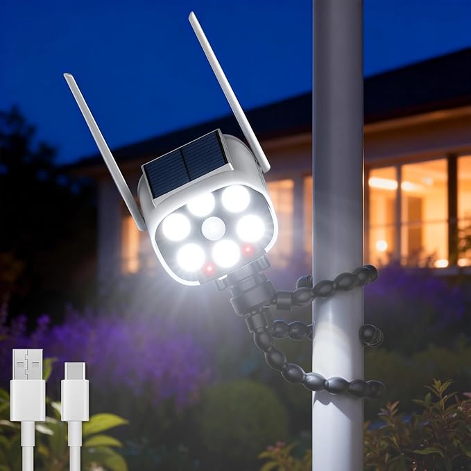 Tryme Fake Security Camera Solar Light with Flexible Octopus Tripod, Adjustable Dummy CCTV with Flashing Red LED, Motion Sensor Outdoor Solar Light, 3 Modes, No Drill (Solar/USB)