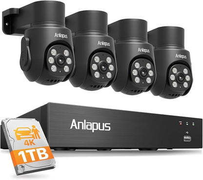 Anlapus 4K 8CH Security DVR Camera System, 4 X 8MP Pan Tilt Camera, 1TB HDD