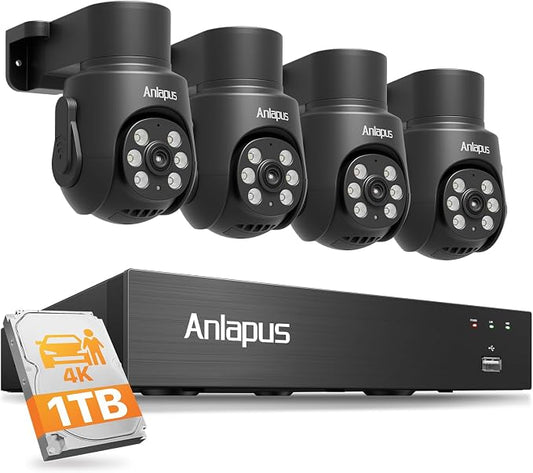 Anlapus 4K 8CH Security DVR Camera System, 4 X 8MP Pan Tilt Camera, 1TB HDD