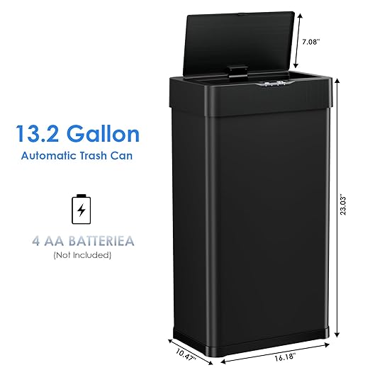 Sensor Trash Can, Touchless Motion Sensor Trash Bin, Smart Automatic Garbage Can with Soft-Close Lid, Bag Retainer Ring and Display Light,for Kitchen,Living Room Office (Black, 13.2 Gal)