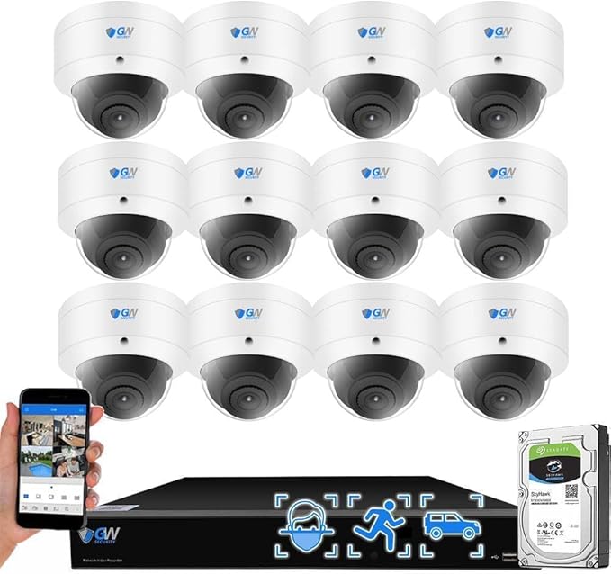 GW Security 16 Channel 12MP NVR UltraHD 4K Face/Human/Vehicle Detection PoE Security Camera System with 12 x 8MP IP Microphone 135° FoV Waterproof AI Surveillance Dome Camera, 100ft Night Vision