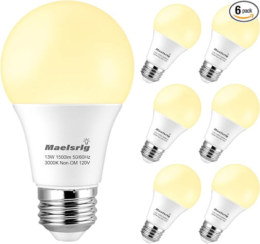 Maelsrlg 100 Watt Light Bulb Equivalent A19 LED - 90 CRI, 13W 1500LM, Warm White 3000K, E26 Base, Non-Dimmable, 120V, Energy Efficient LED Bulbs for Home, 6-Pack