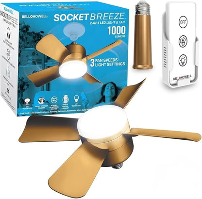 Bell+Howell Socket Breeze Cool Light Deluxe Bronze – Ceiling Fans with LED Lights and Remote Control, Replacement for Lightbulb - Bedroom, Kitchen, Living Room,1000 Lumens / 5000 Kelvins