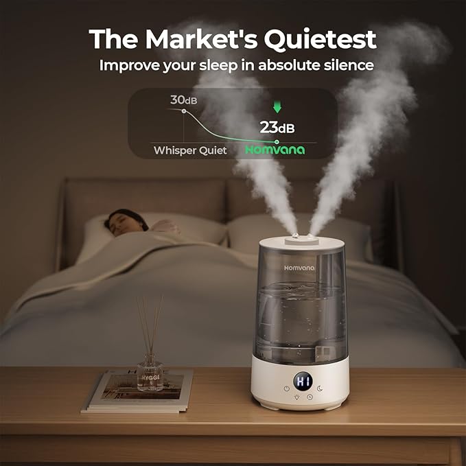 Homvana Humidifiers for Bedroom Home, 3.6 L Cool Mist Top-Fill 34H Super Long Time, Quiet 23dB, Baby Humidifier, Oil Diffuser for Large Room, House, Plant, Nursery, Office, BPA FREE, Ultrasonic (Grey)