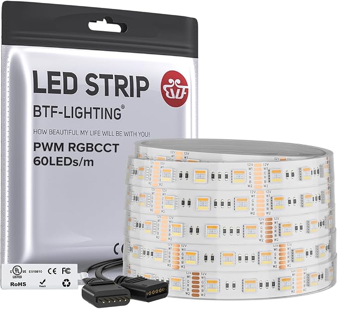 BTF-LIGHTING RGBCCT LED Strip UL Listed 16.4ft 60LED/m 300LED DC12V IP67 | White LED Tape 12mm wide 5 Colors in 1 RGB+Dimmable Tunable Color Temperature 2700K-6500K for Decor(No Adapter or Controller)