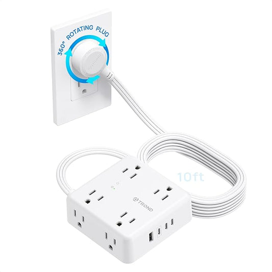 TROND Power Strip Surge Protector, 360° Rotating Flat Plug, 8 Widely Spaced Outlets, 3C1U, Flat Plug Extension Cord 10ft, 1440J Surge Protector, Home Office, White