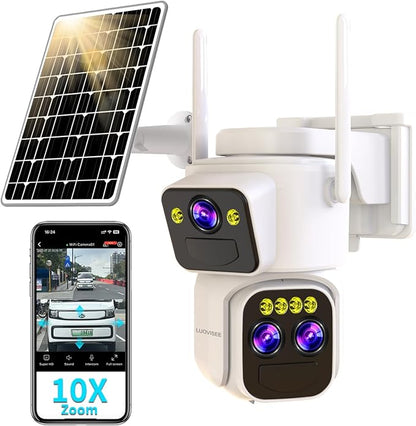 Triple-Lens Solar Security Cameras Wireless Outdoor, 360 PTZ Cameras for Home Security with 10x Hybrid Zoom, 5G/2.4G WiFi, No Month Fee, PIR Alarm, Full Color Night Vision, Two-Way Audio, IP65