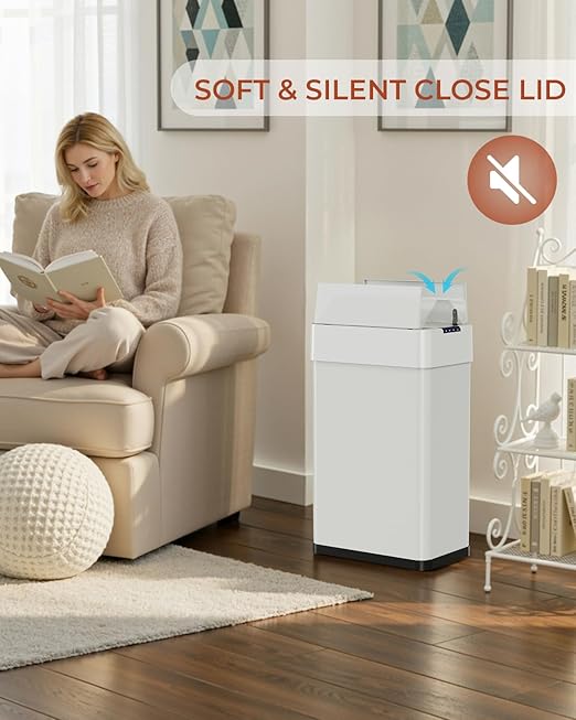 TLSUNNY 16 Gallon Automatic Trash Can, Stainless Steel Motion Sensor Garbage bin, Smart Trash Can W/Butterfly Lid, Bag Retainer Ring and Display Light for Living Room,Kitchen,Office (White, 60L)