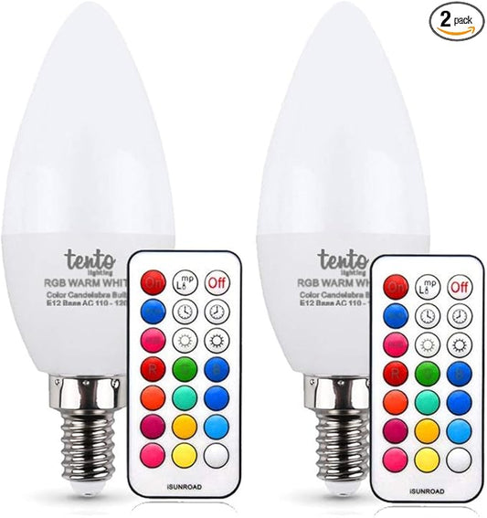 tento Lighting E12 3W 250Lm Candelabra Base, Dimmable Bullet Top Multi-Colored Remote Controlled Chandelier Party Lights LED Bulb, Cool White (4600k - 6500k) (2 Pack)