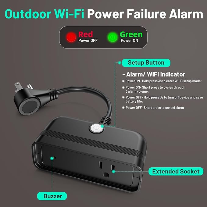 Power Failure Alarm WiFi, Outdoor Power Outage Alarm with App Alert & Loud 110dB, Smart Power Outlet Alarms for Freezer, Sump Pump, Auto Drip Irrigation, Greenhouse, Pond Pump