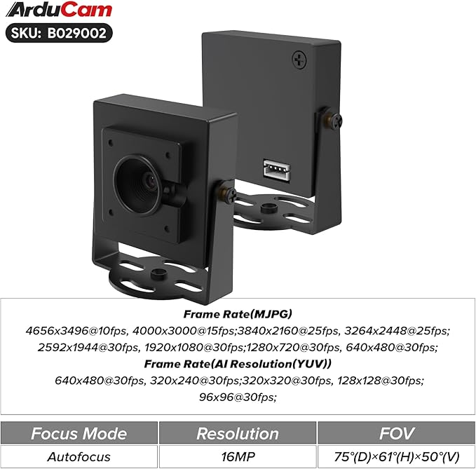 Arducam 16MP Autofocus USB Camera Module, USB2.0 Webcam, Lightburn Camera with Multiple preset AI Resolutions for Windows, Linux, Android, and Mac OS