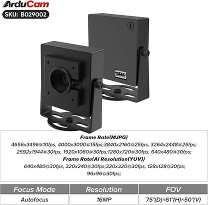Arducam 16MP Autofocus USB Camera Module, USB2.0 Webcam, Lightburn Camera with Multiple preset AI Resolutions for Windows, Linux, Android, and Mac OS